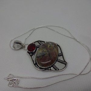 Beautiful "BRECCIATED JASPER & RUBY" Handmade Sterling Pendant/18" Chain #445